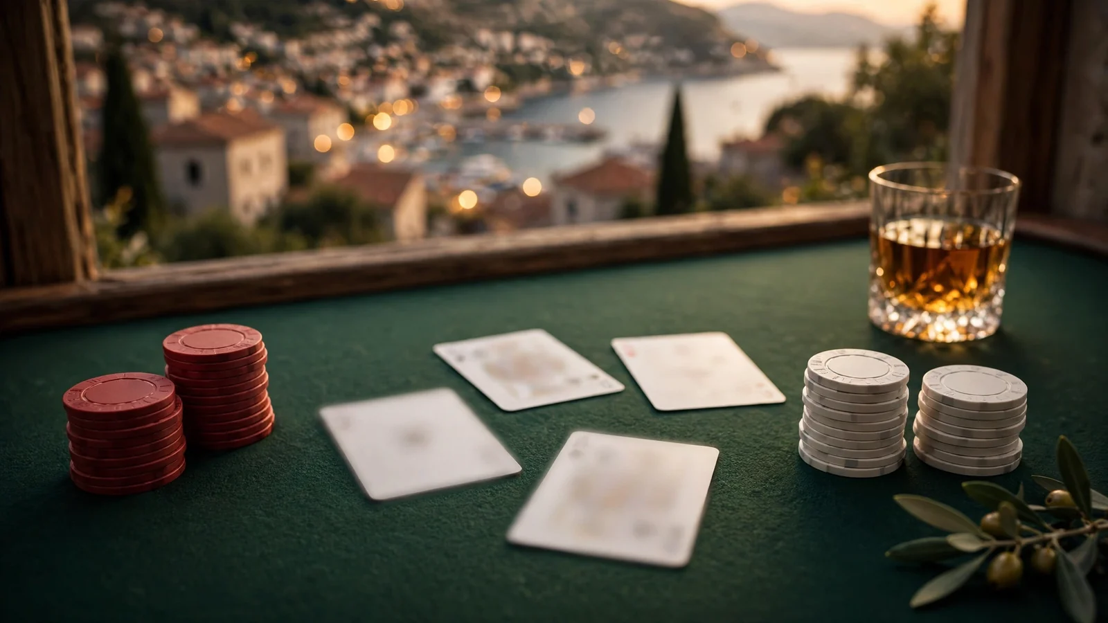 Elegantan baccarat stol s ulošcima i kartama na zelenom suknu, uz čašu rakije, topla dalmatinska svjetla u pozadini.