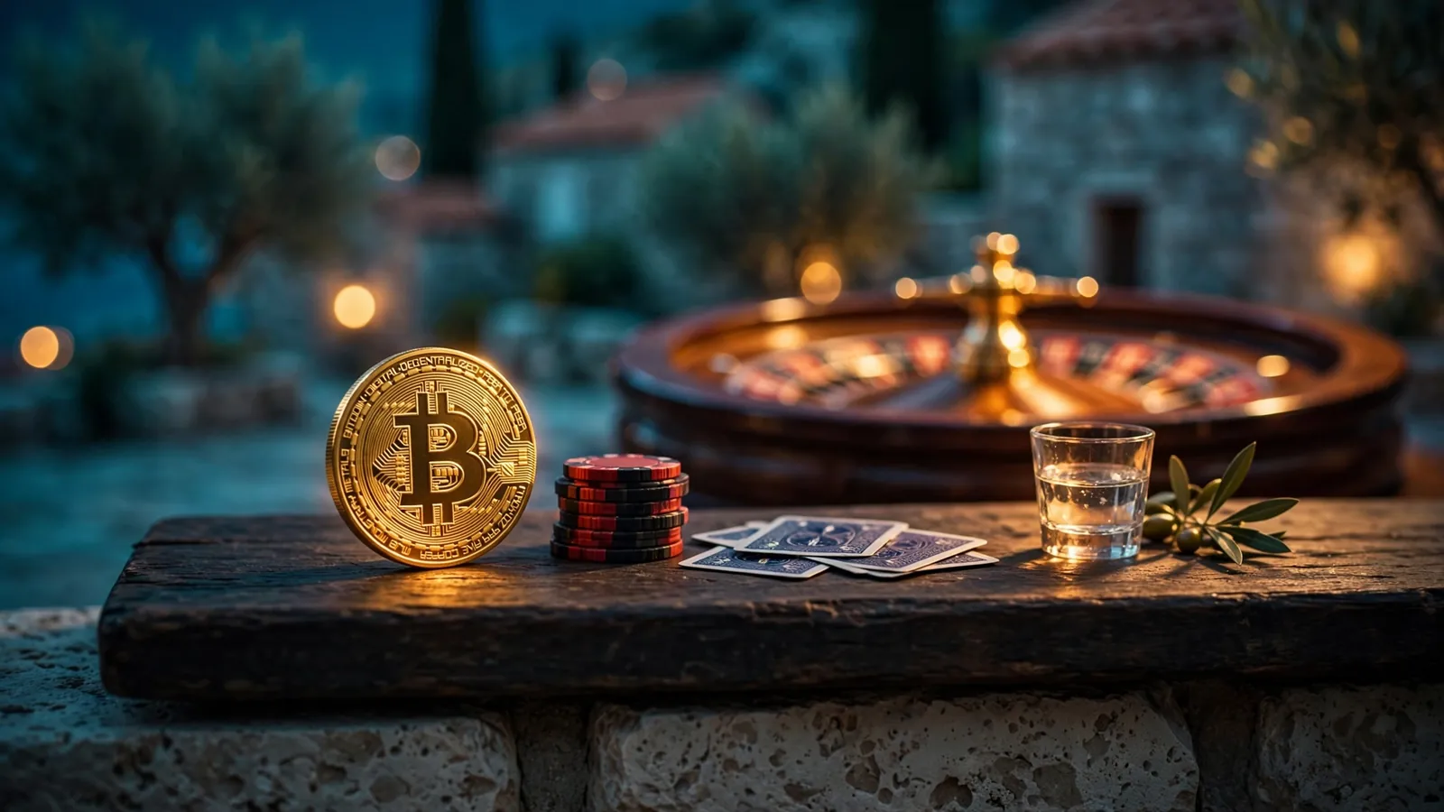 Zlatni Bitcoin novčić uz kockarničke žetone i karte na stolu