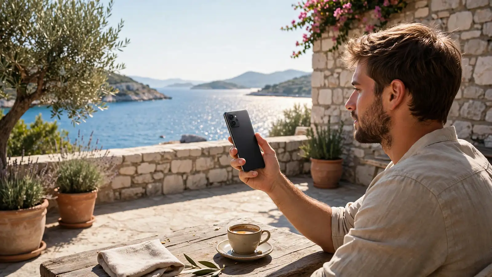 Osoba na terasi u Hrvatskoj drži Android telefon uz pogled na more