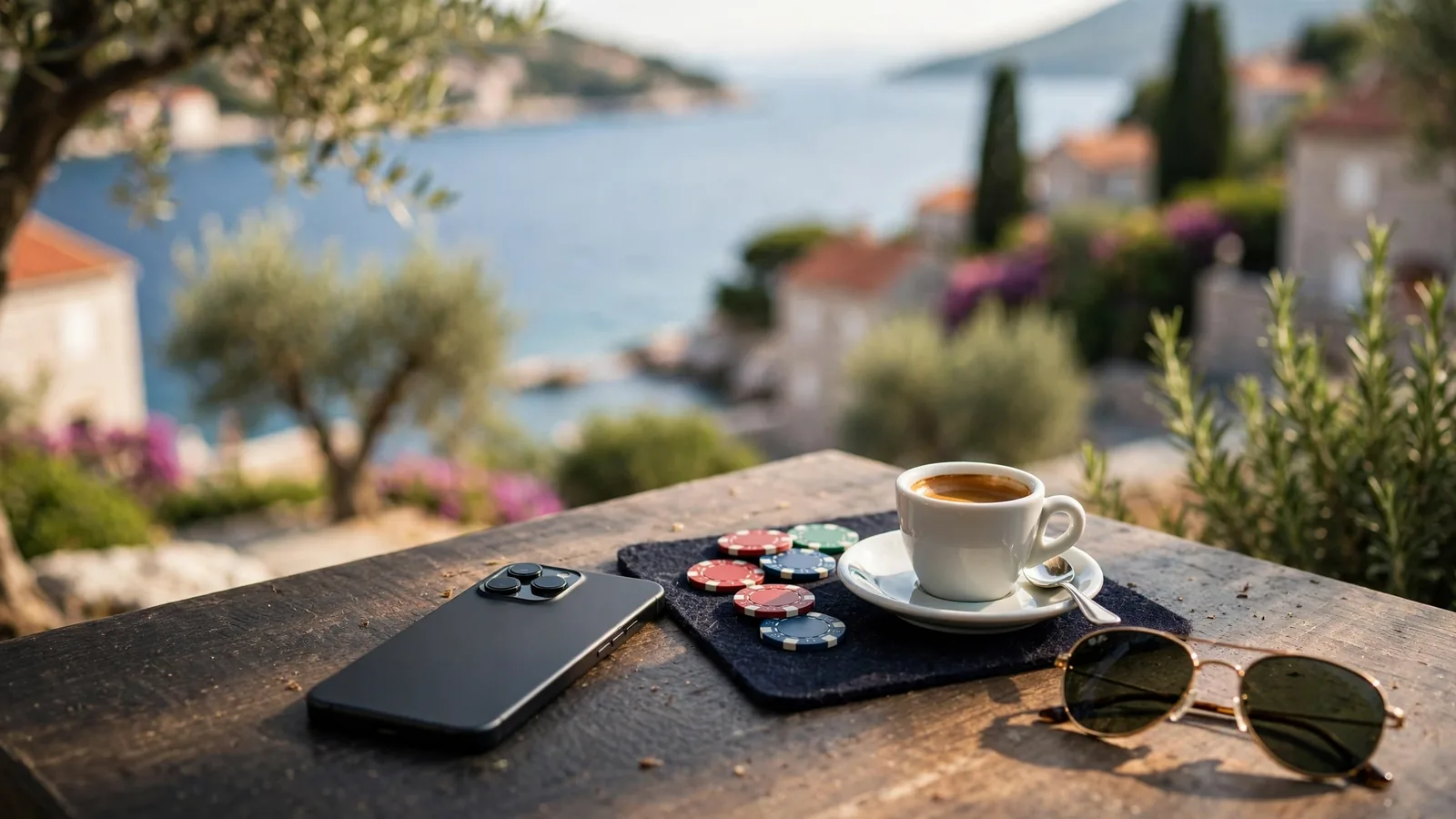 Pametni telefon na stolu kafića uz žetone za kazino