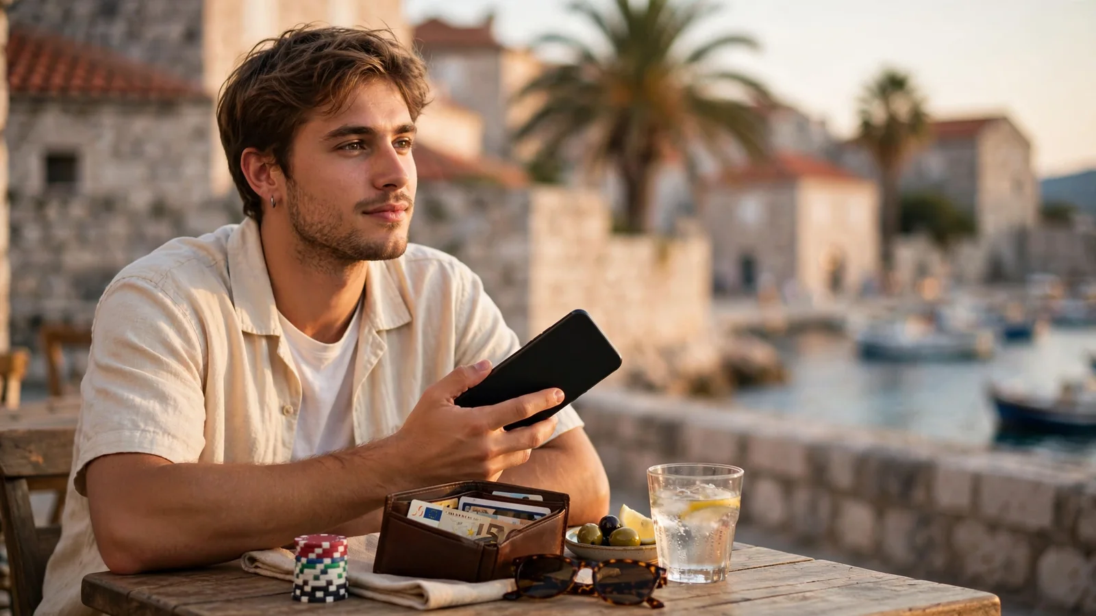 Osoba u mediteranskom kafiću s pametnim telefonom i žetonima za kockanje