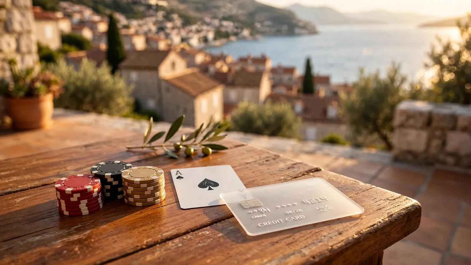 Stol na terasi s kockarskim žetonima, kartom i Visa karticom uz pogled na jadransku obalu.