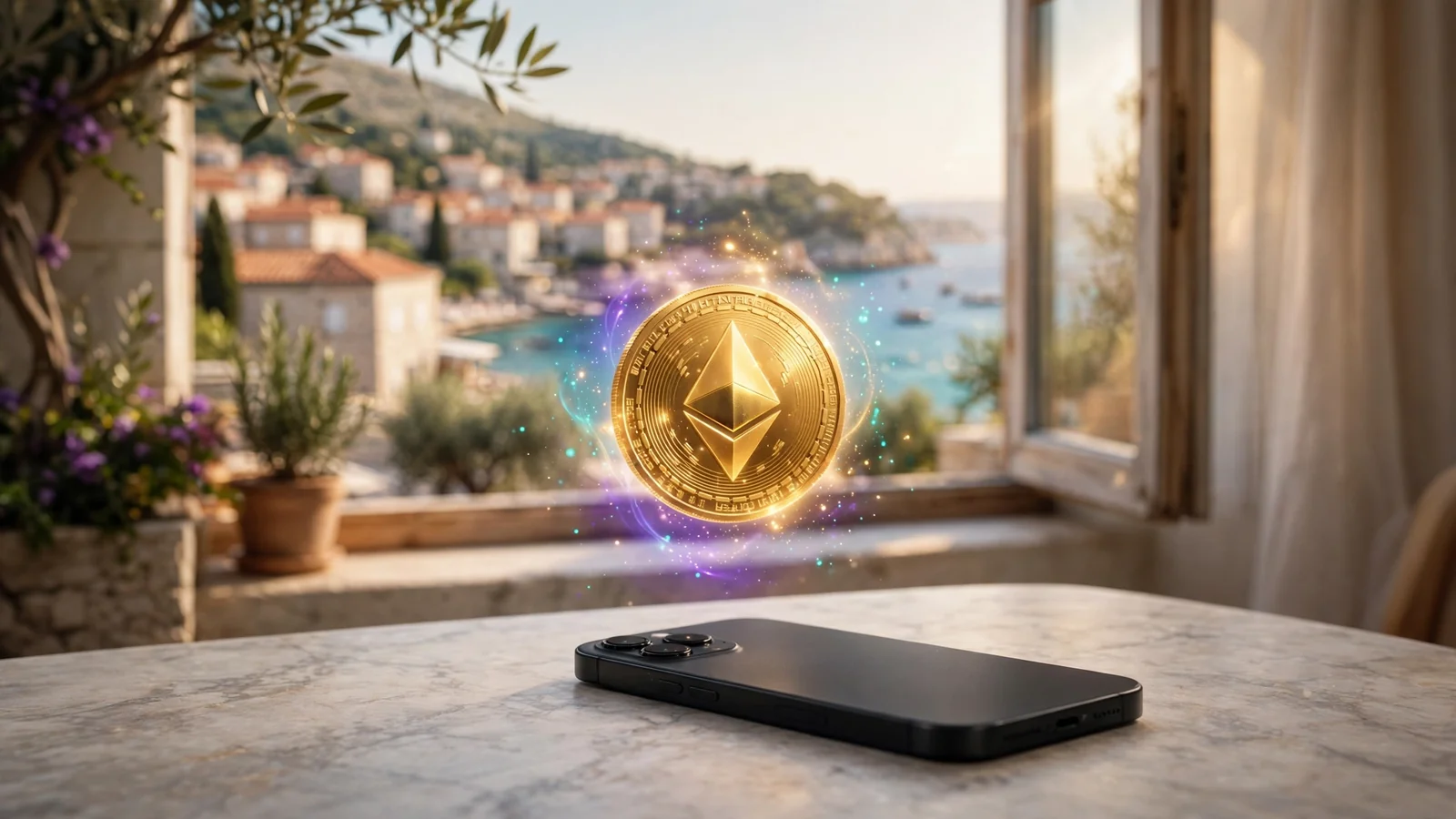 Zlatni Ethereum novčić iznad pametnog telefona s pogledom na hrvatsku obalu