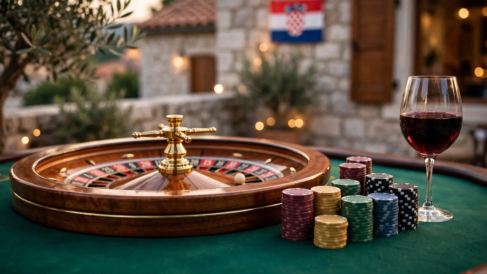 Stol s ruletom i žetonima u ugodnom casinu