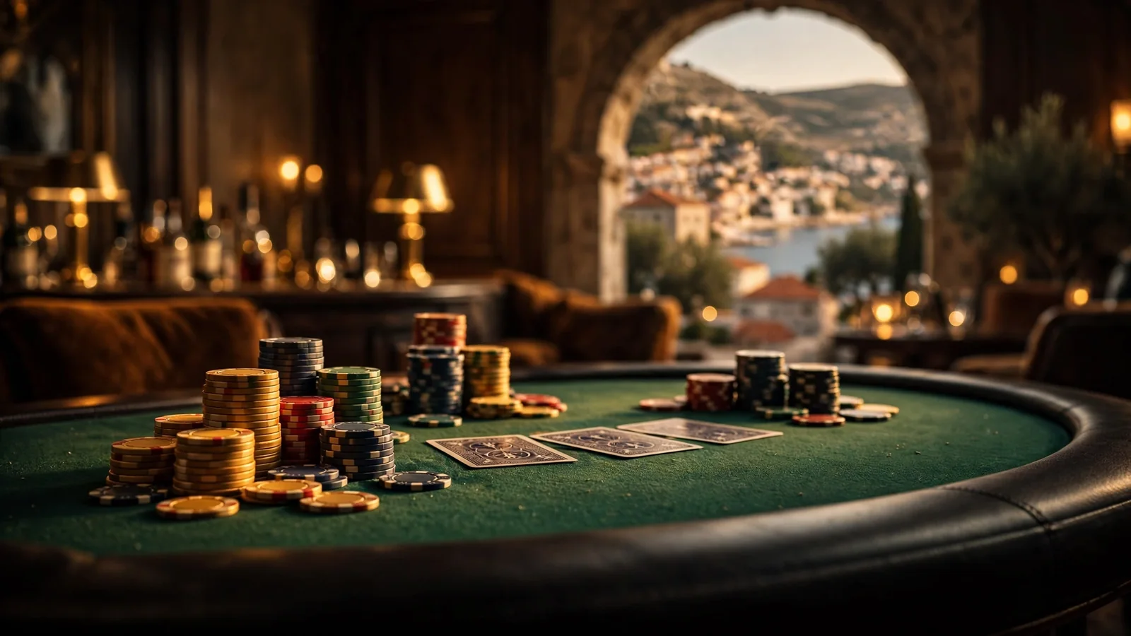 Stol za blackjack s ulošcima i kartama uz pogled na jadransku obalu