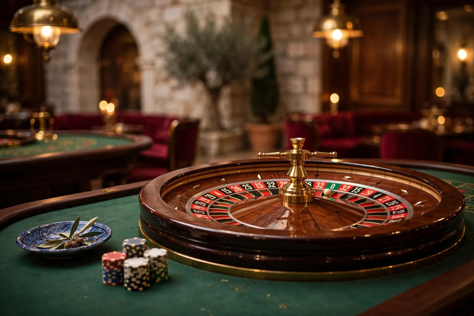 Rulet na stolu u elegantnom casinu s pogledom na dalmatinski grad