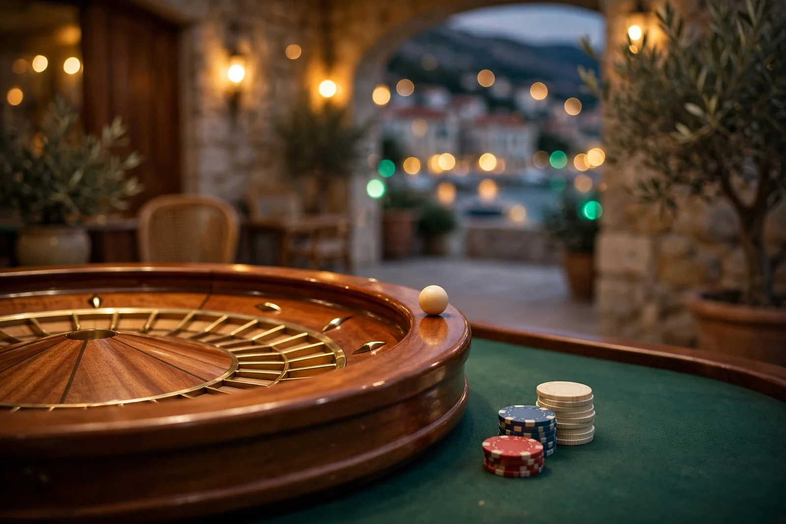 Elegantan drveni kotač rulete na zelenom stolu u hrvatskom casinu s ulošcima