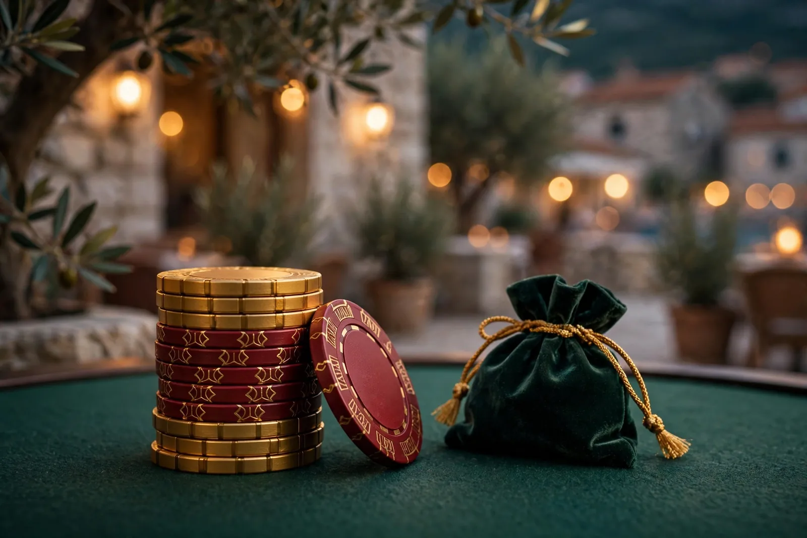 Hrpa casino žetona s baršunastom vrećicom na zelenom stolu