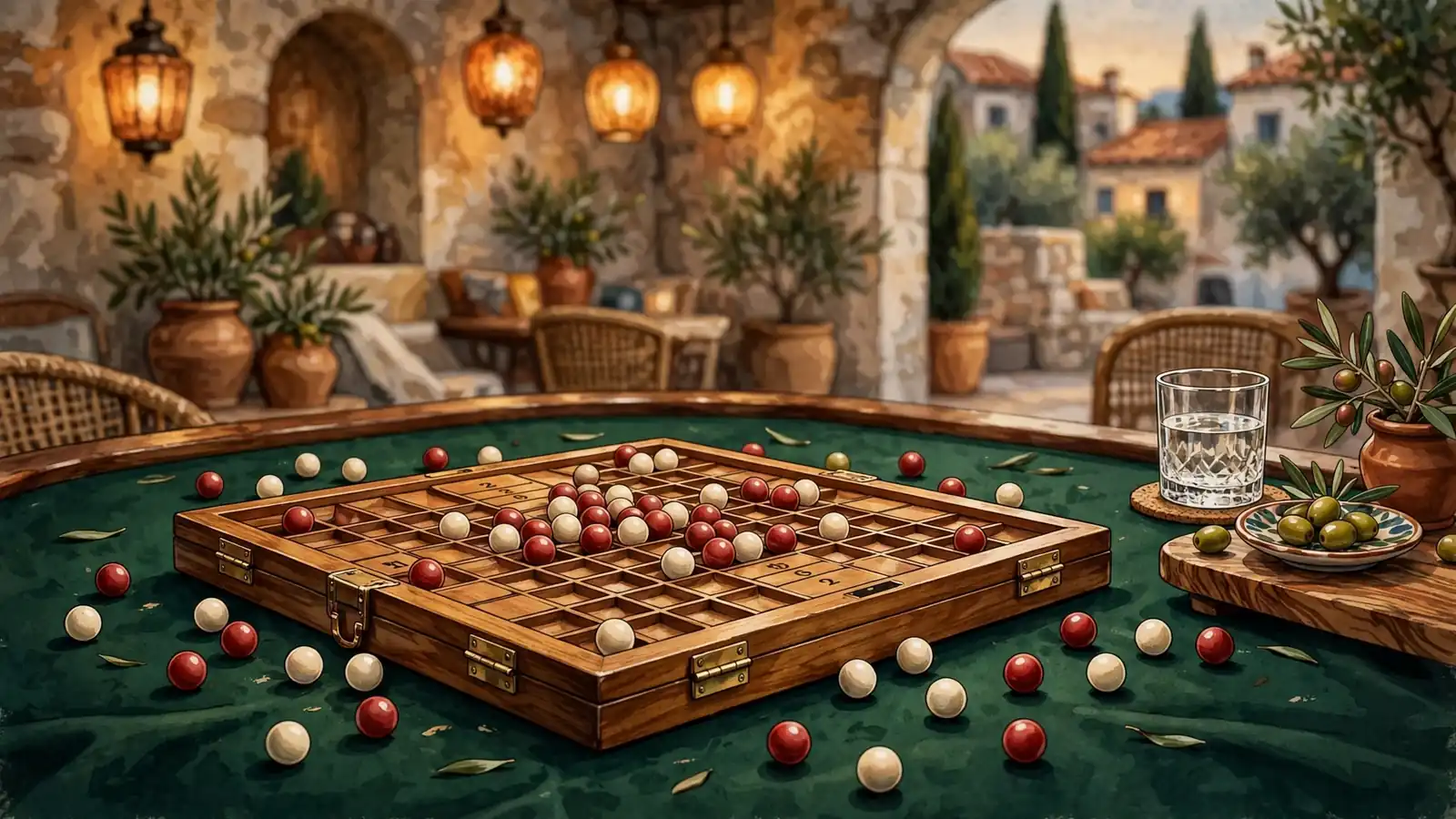 Drvena keno ploča s numeriranim kuglicama na zelenom stolu u hrvatskom casinu