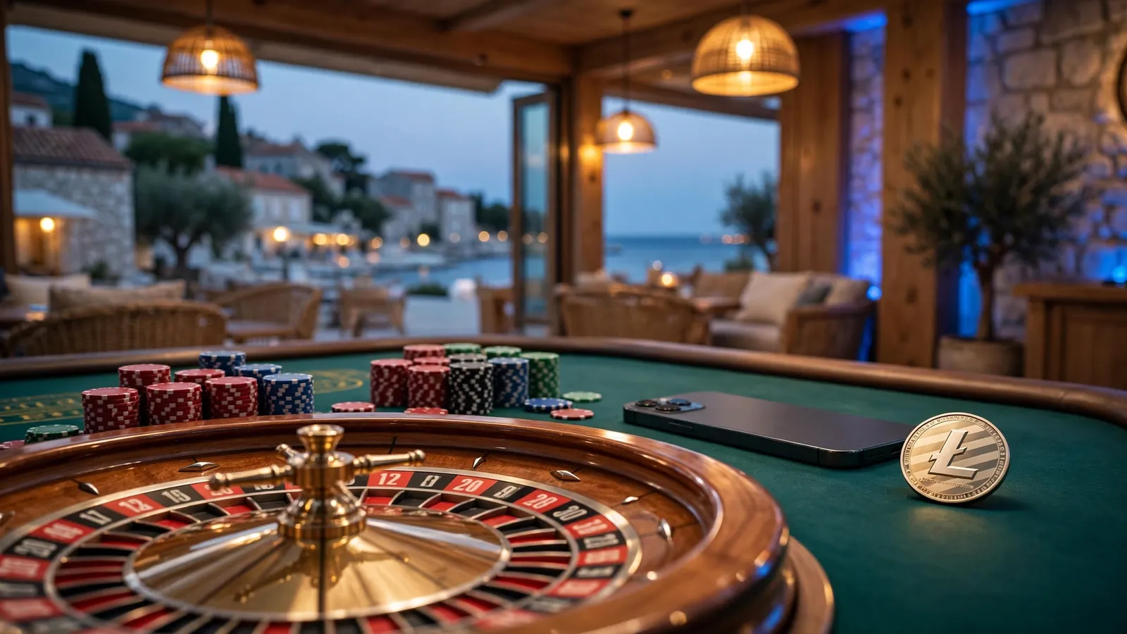 Stol za rulet u hrvatskom casinu s Litecoin kovanicom i pametnim telefonom