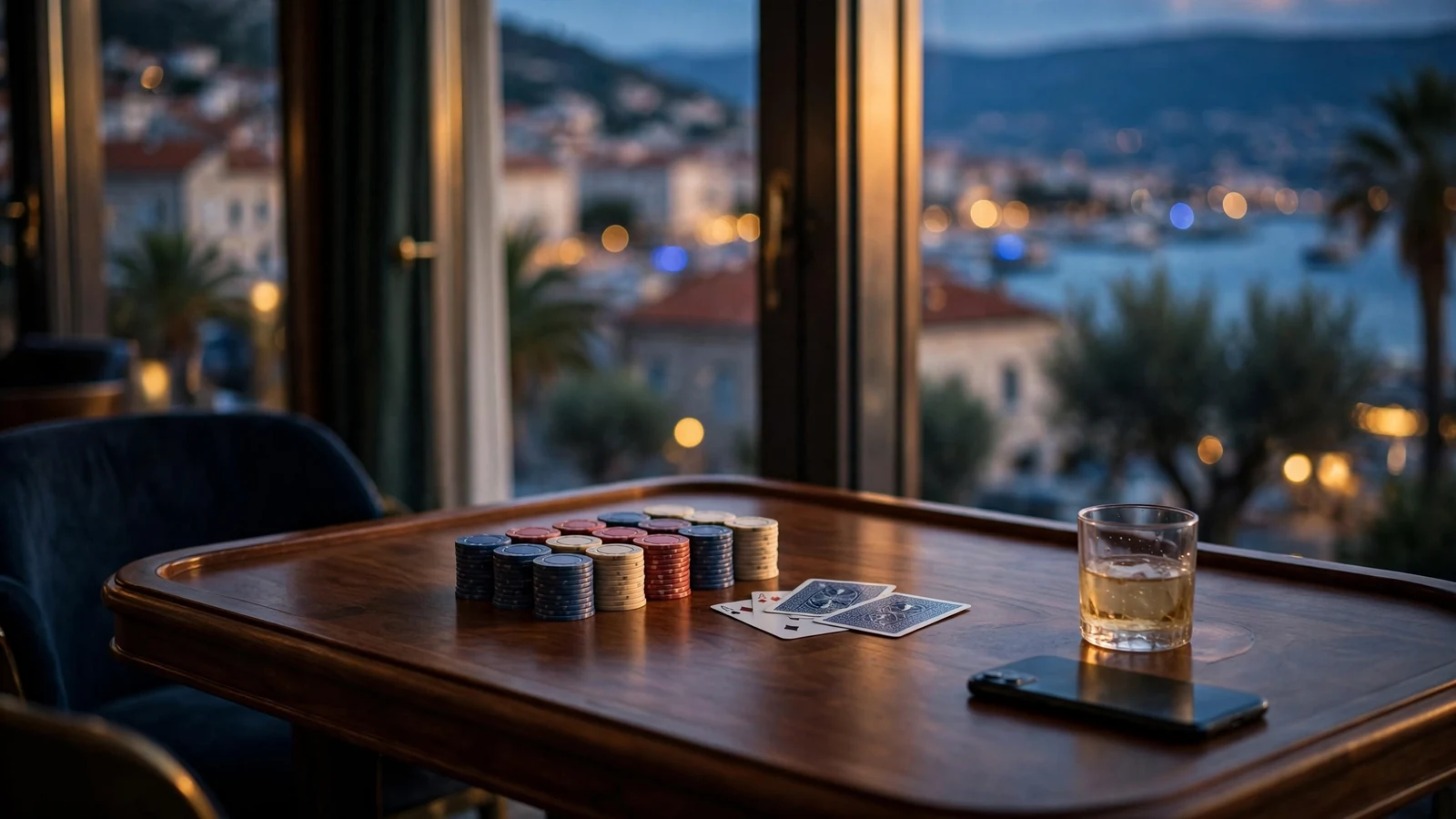 Stol za blackjack s ulošcima i kartama na pozadini hrvatskog obalnog grada