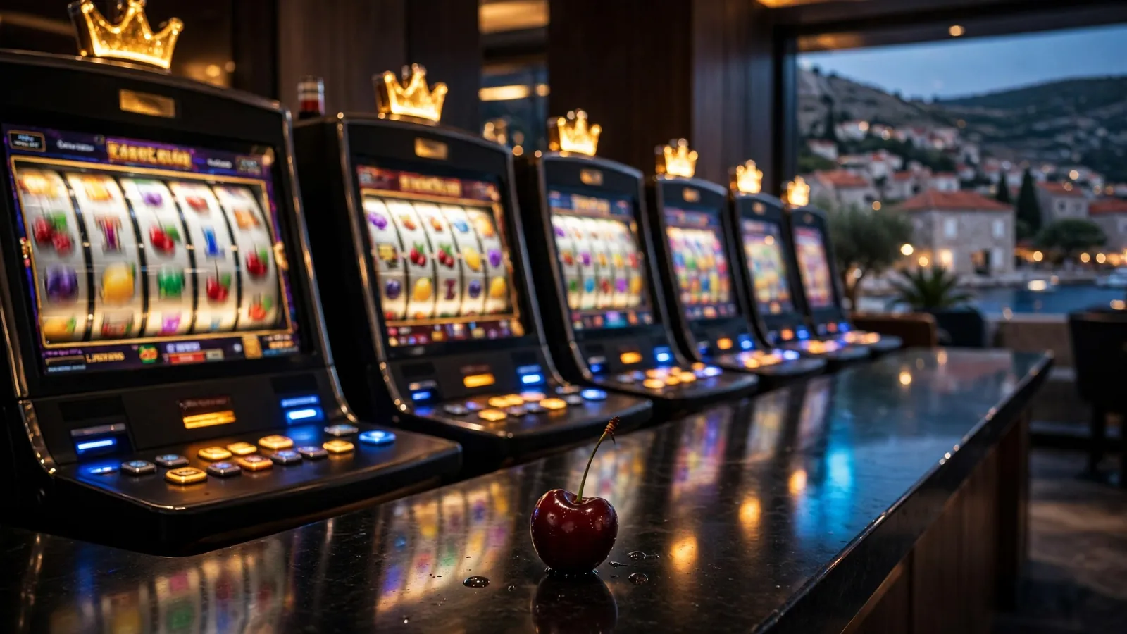 Blizak prikaz automata za slotove s osvijetljenim gumbima u suvremenom hrvatskom casinu