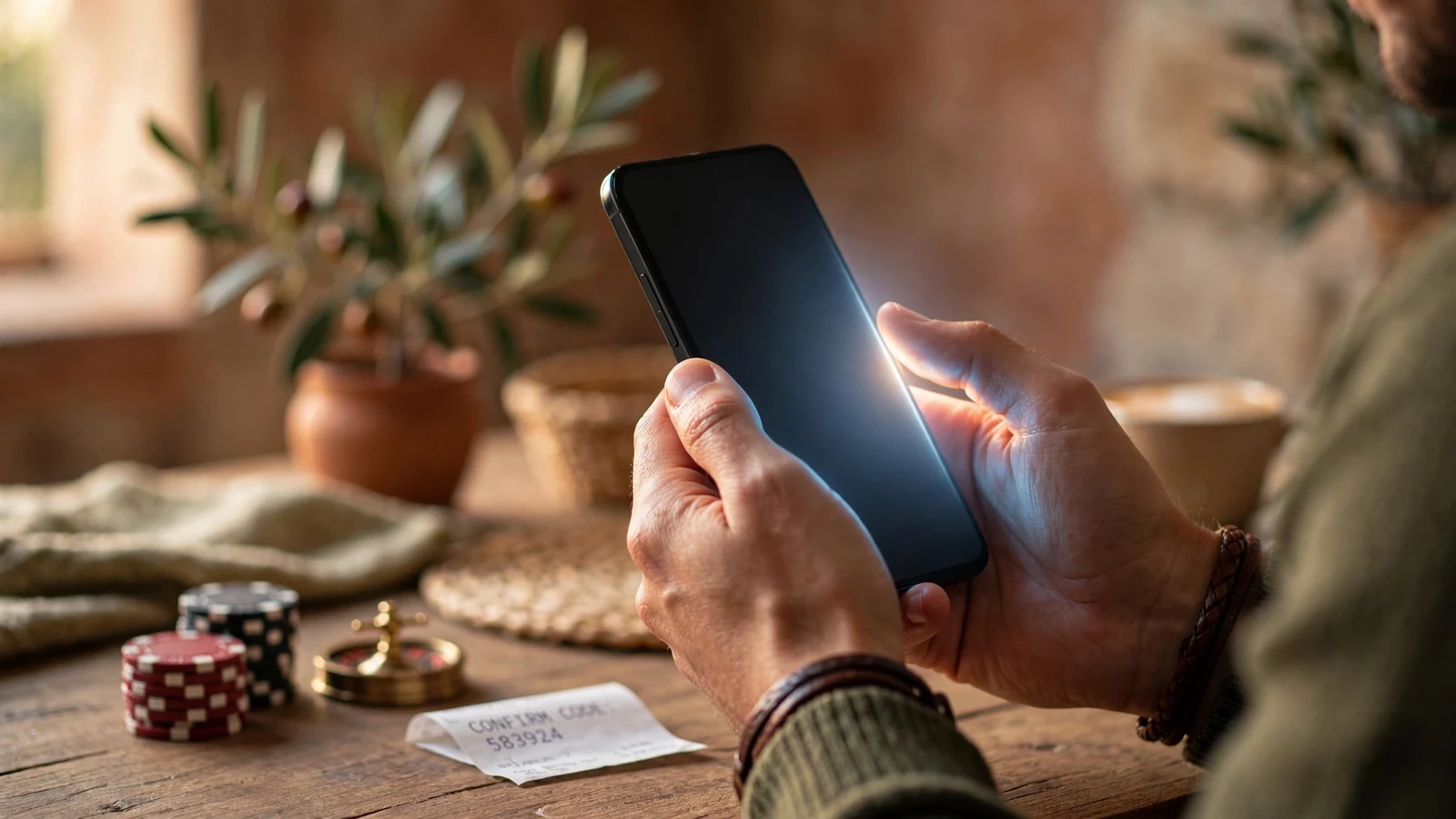 Ruke drže pametni telefon uz blagi sjaj casina u pozadini